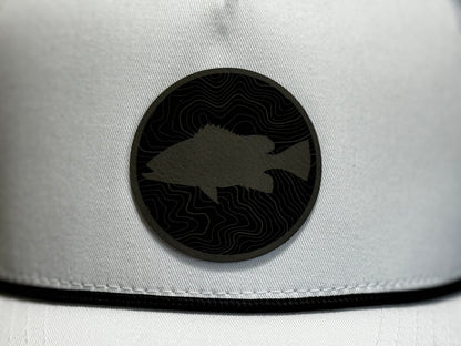 White Snapback with Black Rope - Grouper Topo Circle Patch - Gray