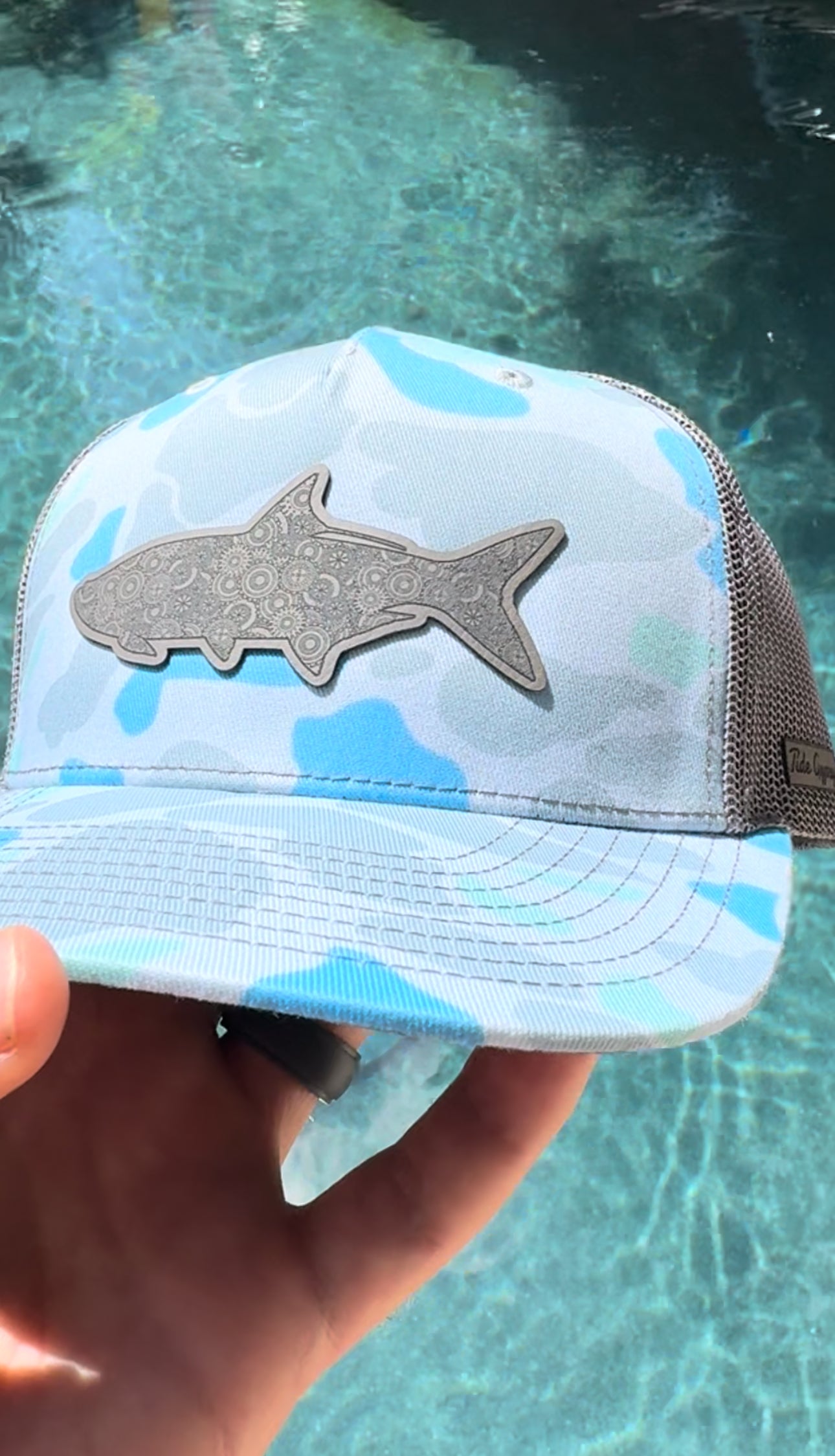 Blue Camo Snapback with Mechanical Tarpon Patch - Grey