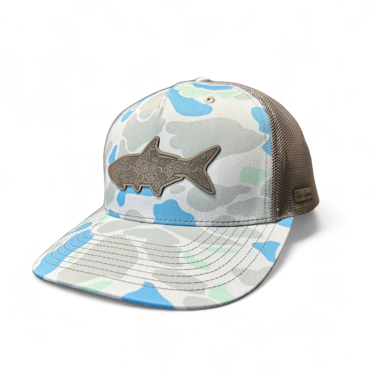 Blue Camo Snapback with Mechanical Tarpon Patch - Grey