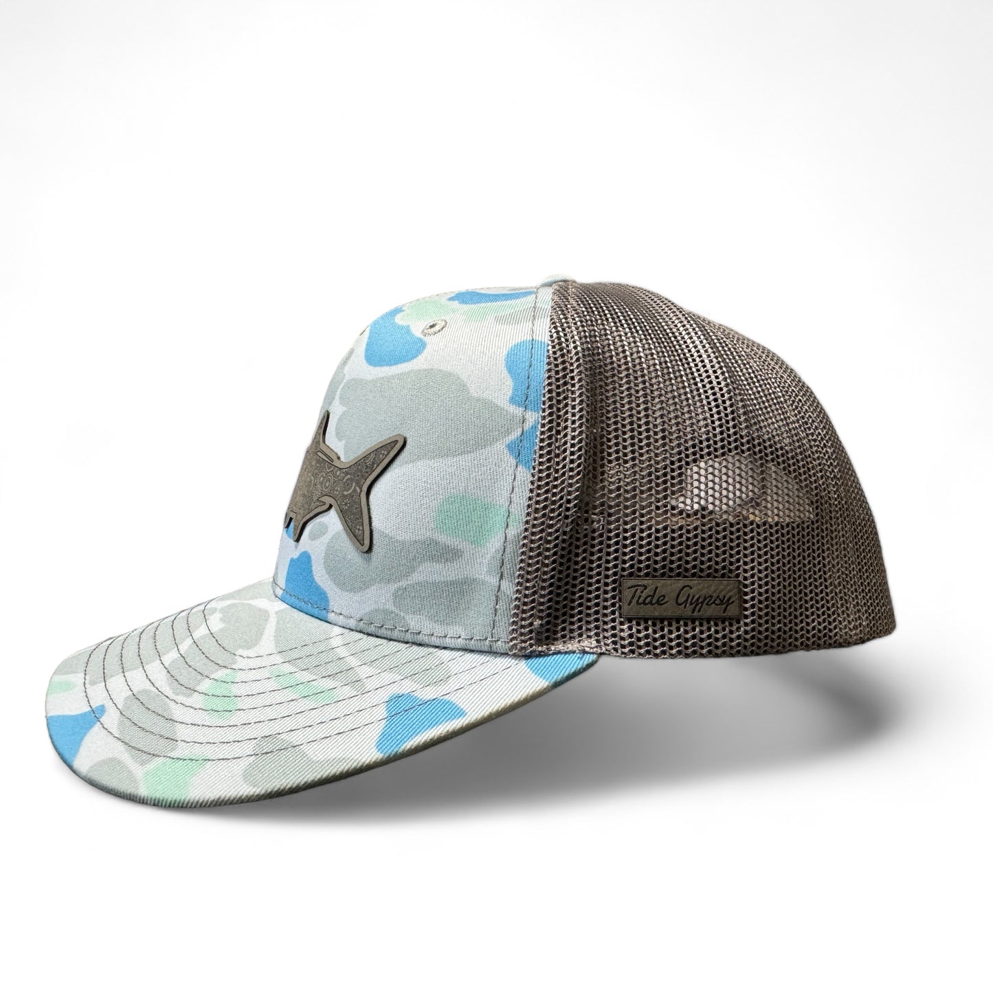 Blue Camo Snapback with Mechanical Tarpon Patch - Grey