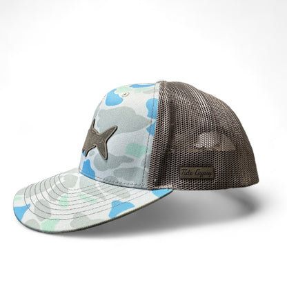 Blue Camo Snapback with Mechanical Tarpon Patch - Grey