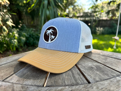 Beige Charcoal Gold Snapback with Double Palm Patch - Wood Grain